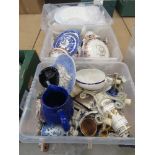 3 boxes containing blue and white china, Edwardian and later tureens, candlestick, jug and meat