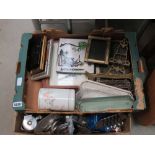 2 boxes containing tiles, prints and photo frames plus stainless steel goblets and tea services