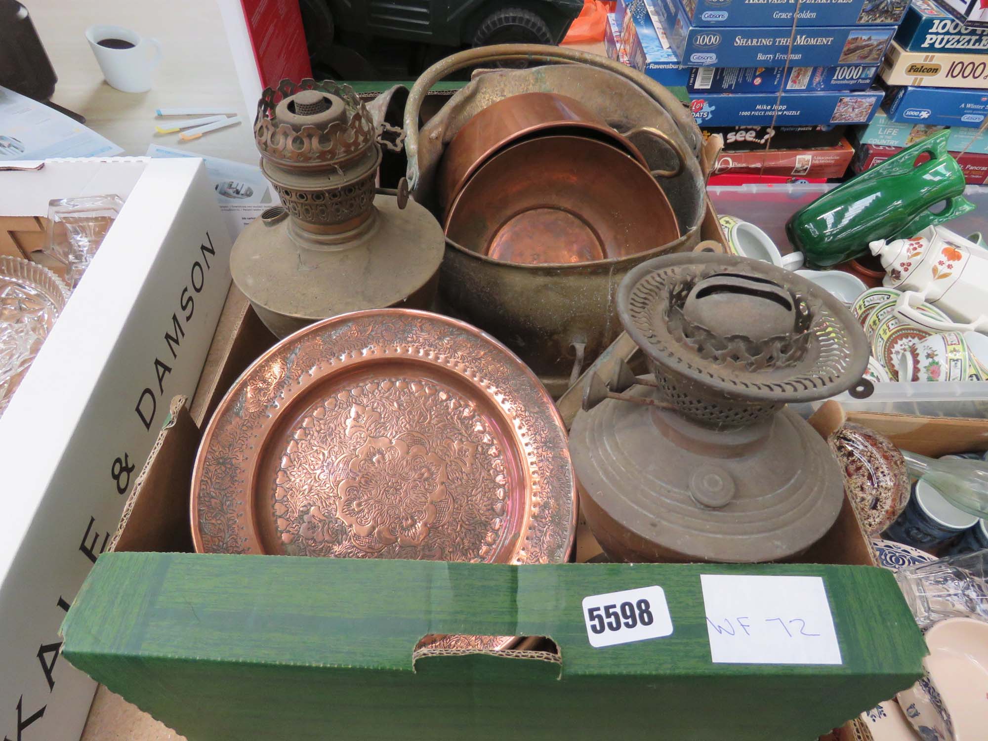 Box containing metalware inc. coal scuttle, jelly mould, oil lamps, pots and dishes