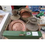 Box containing metalware inc. coal scuttle, jelly mould, oil lamps, pots and dishes