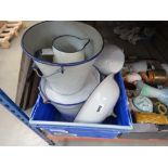 Box of enamel ware incl. pails, jugs and basin