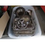 Box containing quantity of silver plate incl. bacon dish, trays and candlestick