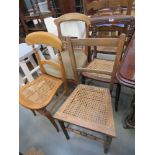 3 bergere chairs and an Edwardian satinwood dining chair