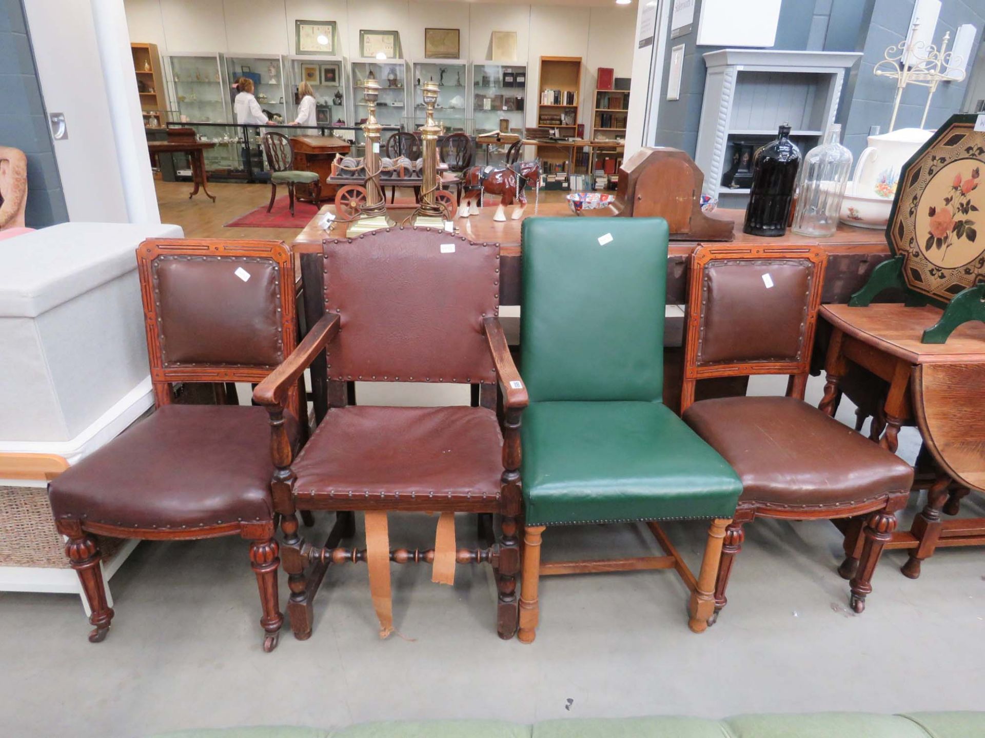 Pair of Victorian oak dining chairs, a 1950's oak carver chair and a green backed chair
