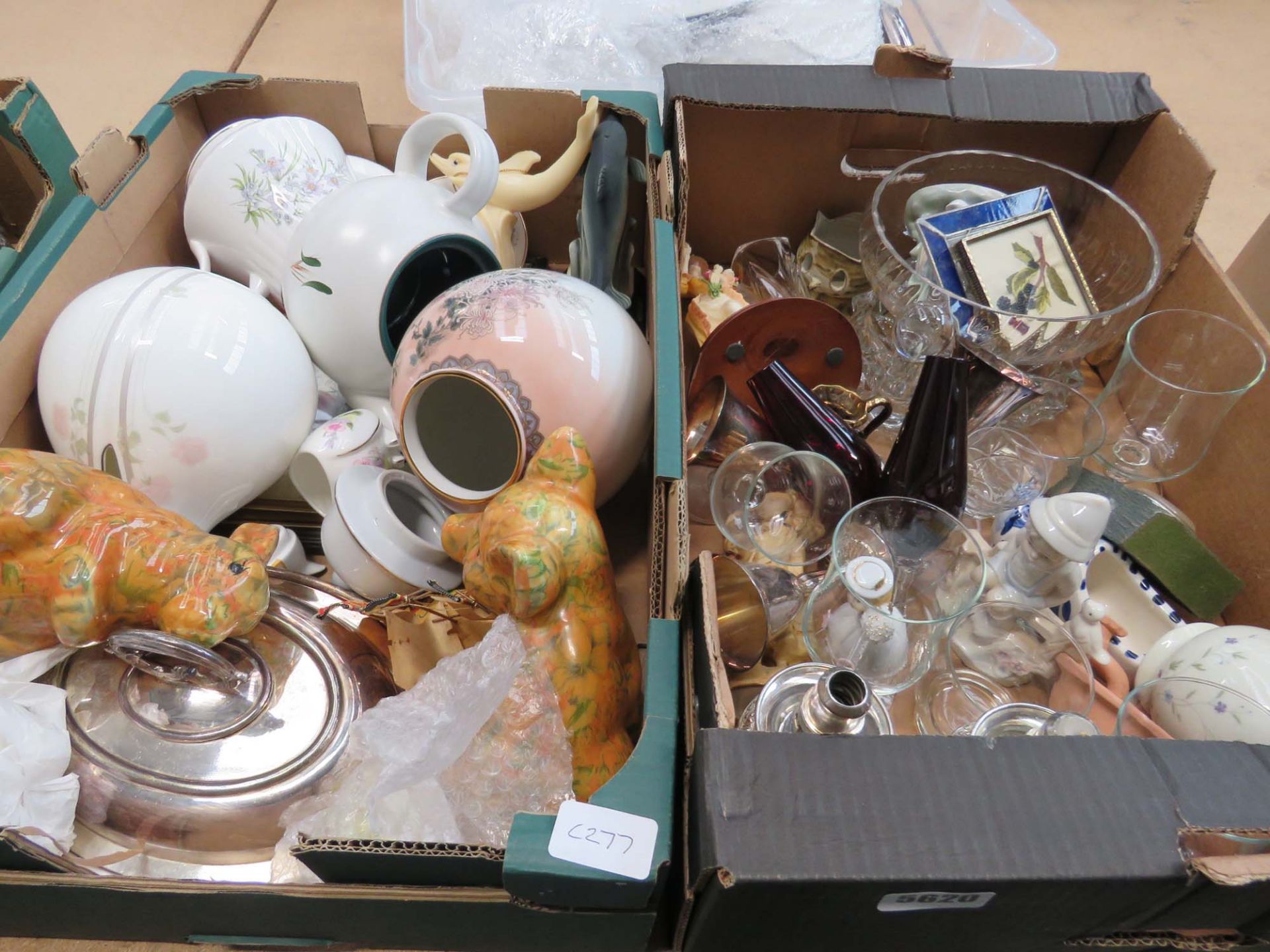 2 boxes containing wine glasses, ornamental figures, glass fruit bowl, teapot, and silver plate