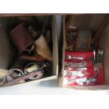 2 boxes containing loose cutlery, shoe lasts, Brownie camera, fire companion set and brushes