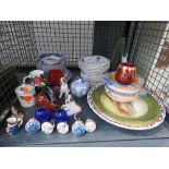 Cage containing door knobs, blue and white china, general crockery and ornamental animal figures