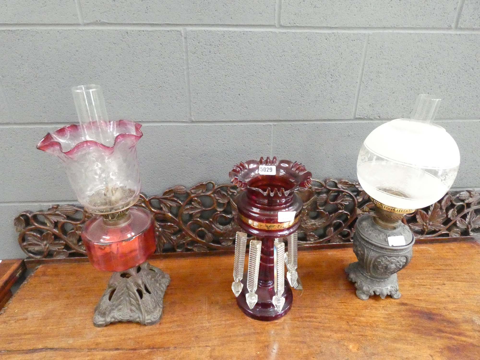 2 oil lamps and a lustre Fair condition, no obvious damage. Never been electrified