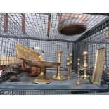 Cage containing brass firedogs, shovel, copper kettle, and bonbon dish