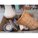 2 boxes containing plant pots, ornamental sailing ship, brass table lamp, mat, and kids dolls, waste