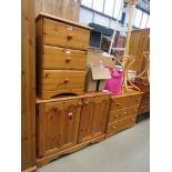 Pine chest of three drawers, three drawer bedside cabinet and two door cupboard