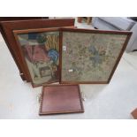 5226 3 Oak framed embroideries and an oak butlers tray