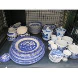 Cage containing quantity of blue and white crockery
