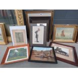 Group of artwork including a dry point etching of a matador, a pastel of a forest, Venetian print,