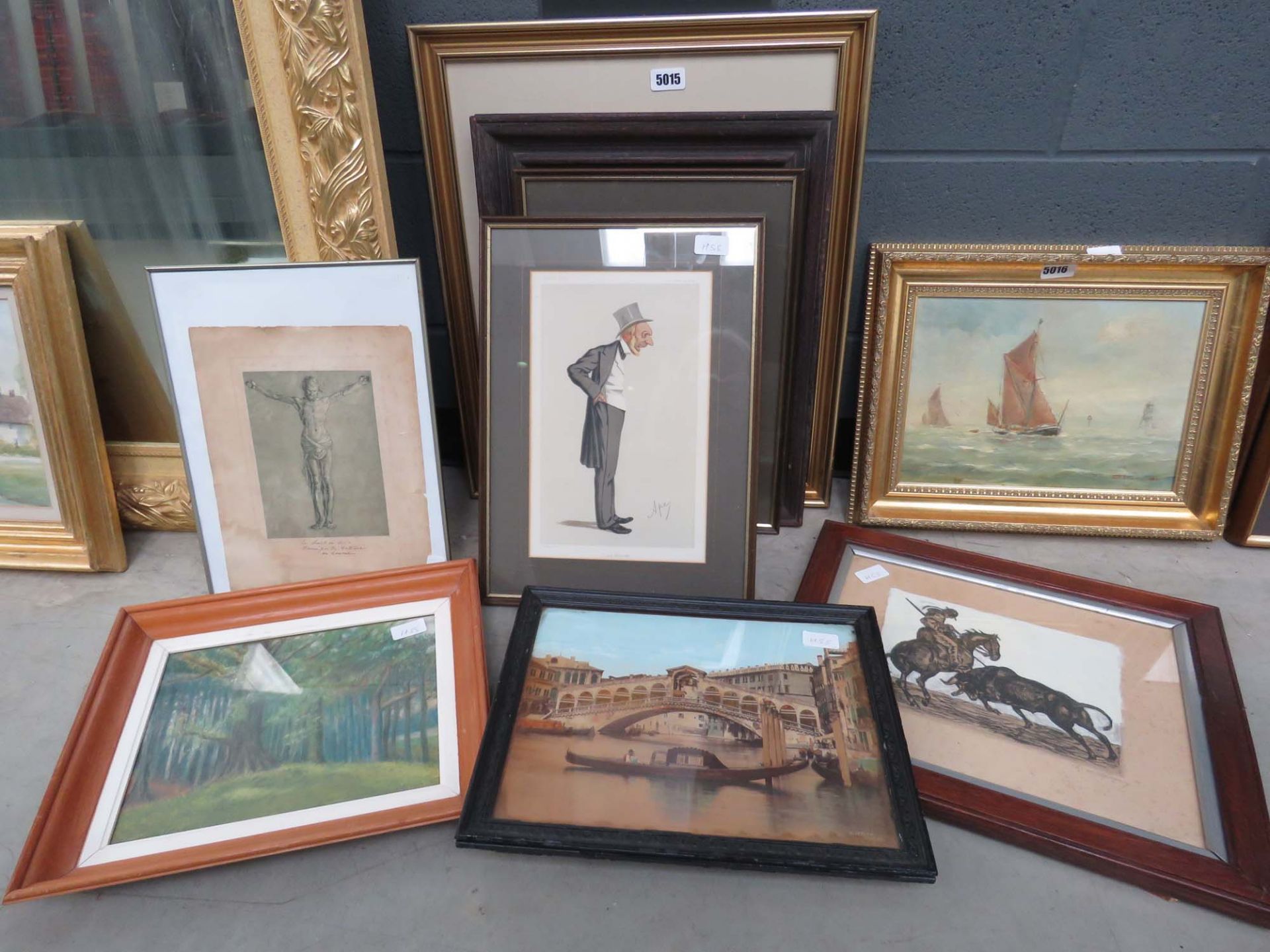 Group of artwork including a dry point etching of a matador, a pastel of a forest, Venetian print,