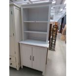 Modern grey painted open bookcase with double door cupboard under