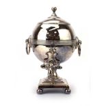 A silver plated samovar of ovoid form on a square base on four bun feet, h. 30.