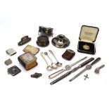 A mixed parcel of silver and metalware collectable's including a prayer book, spoons, a thimble,