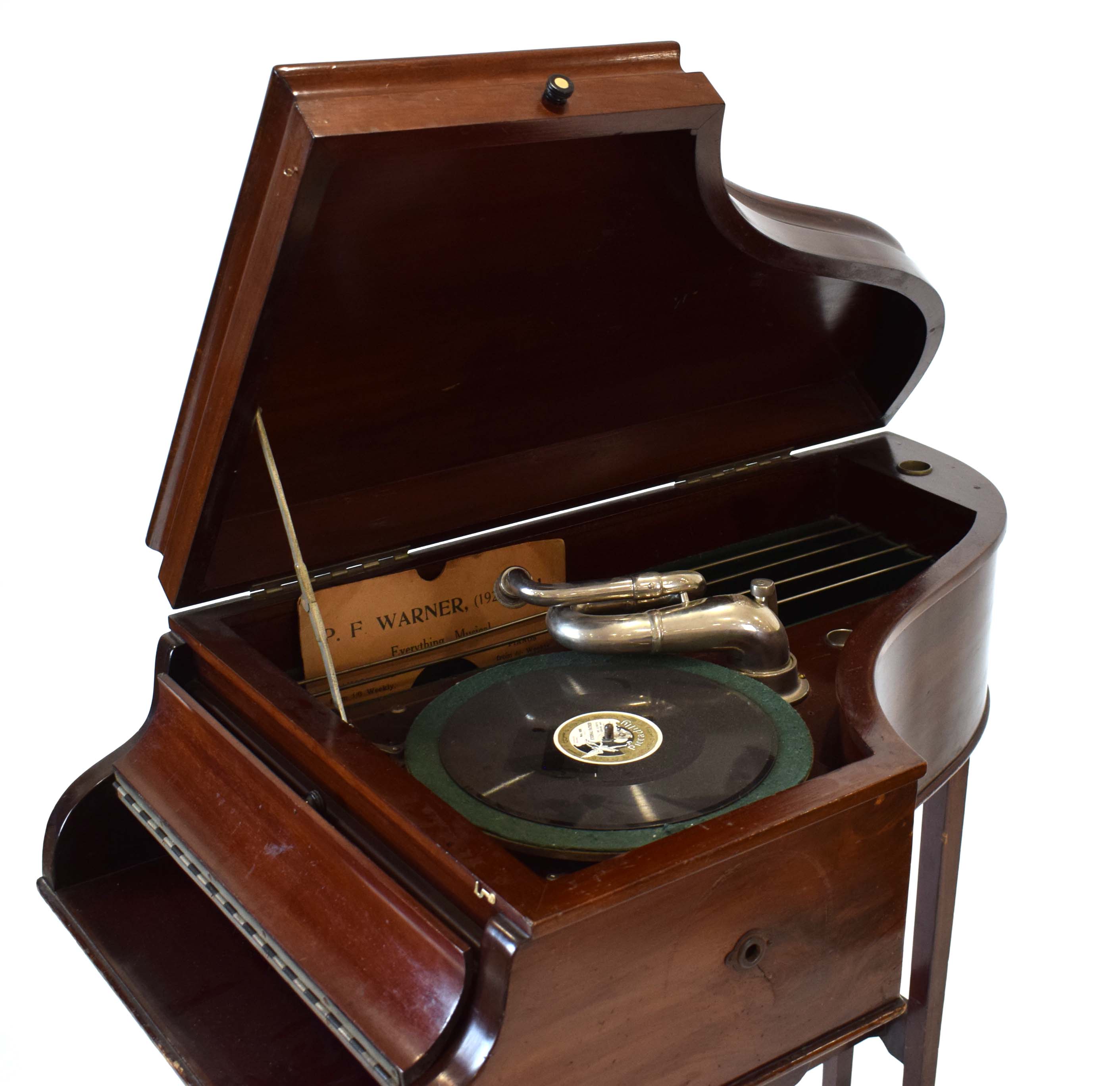 A 1920's Gilbert of Sheffield gramophone housed in a mahogany cabinet modelled as a baby grand - Image 3 of 7