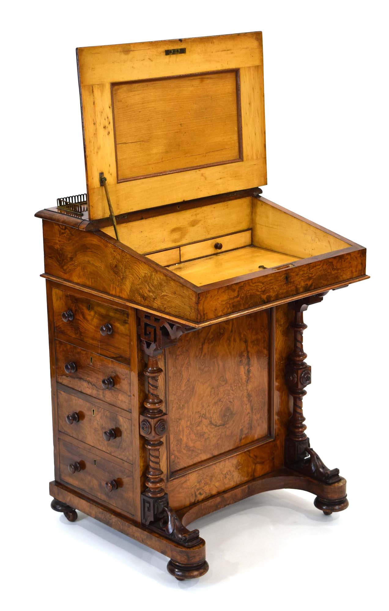 A Victorian figured walnut davenport, the gallery enclosing a letter rack, - Image 4 of 6