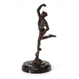 A brown patinated figure modelled as Hermes on a marble plinth, h.