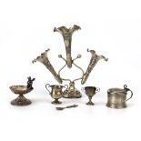 A mixed parcel of miniature silver and metalwares including a three branch epergne, two cups,