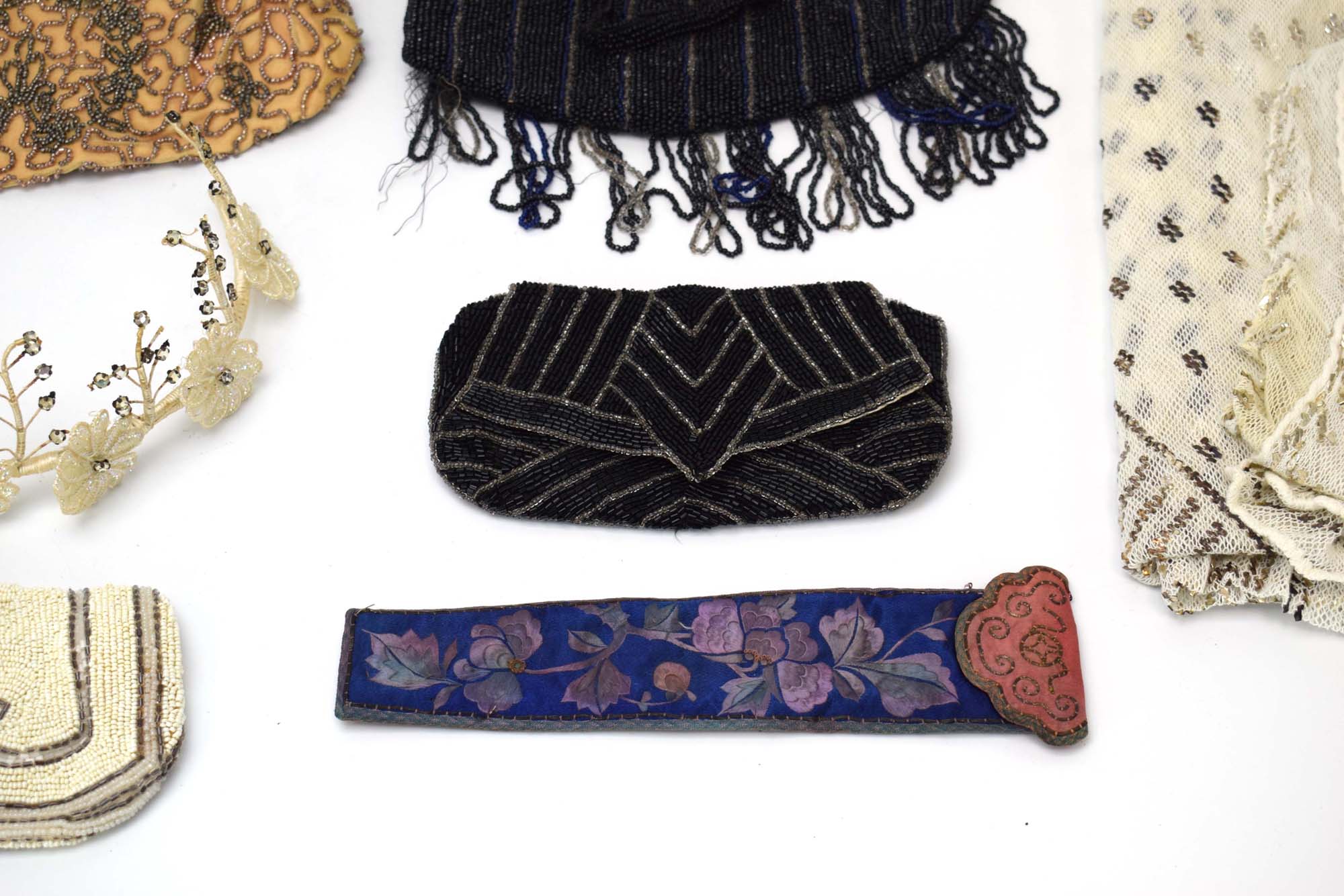 A group of textiles including an embroidered clutch bag with glass roundels, - Image 5 of 14