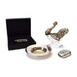 A parcel of silver and metalware comprising a vesta case, a cockeral salt,