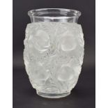A Lalique frosted and clear glass vase of ovoid form decorated with finches within laurel leaves,