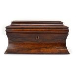 An early 19th century rosewood box of sarcophagus form, with a vacant interior, w.