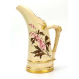 A Royal Worcester ivory blush tusk jug with antler handle and foliate decoration, pdcm 1886, h.