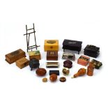 A group of collectables and treen including an ebonised and silver mounted ring box in the form of