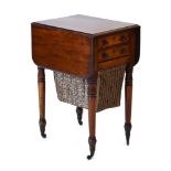 A Victorian mahogany sewing table, the drop leaf surface over two drawers and a basket,