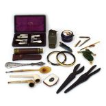 A group of collectables including a cased mother-of-pearl sewing kit, a telescope,