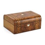 A Victorian walnut, marquetry and mother-of-pearl sewing box with a fitted interior, w.