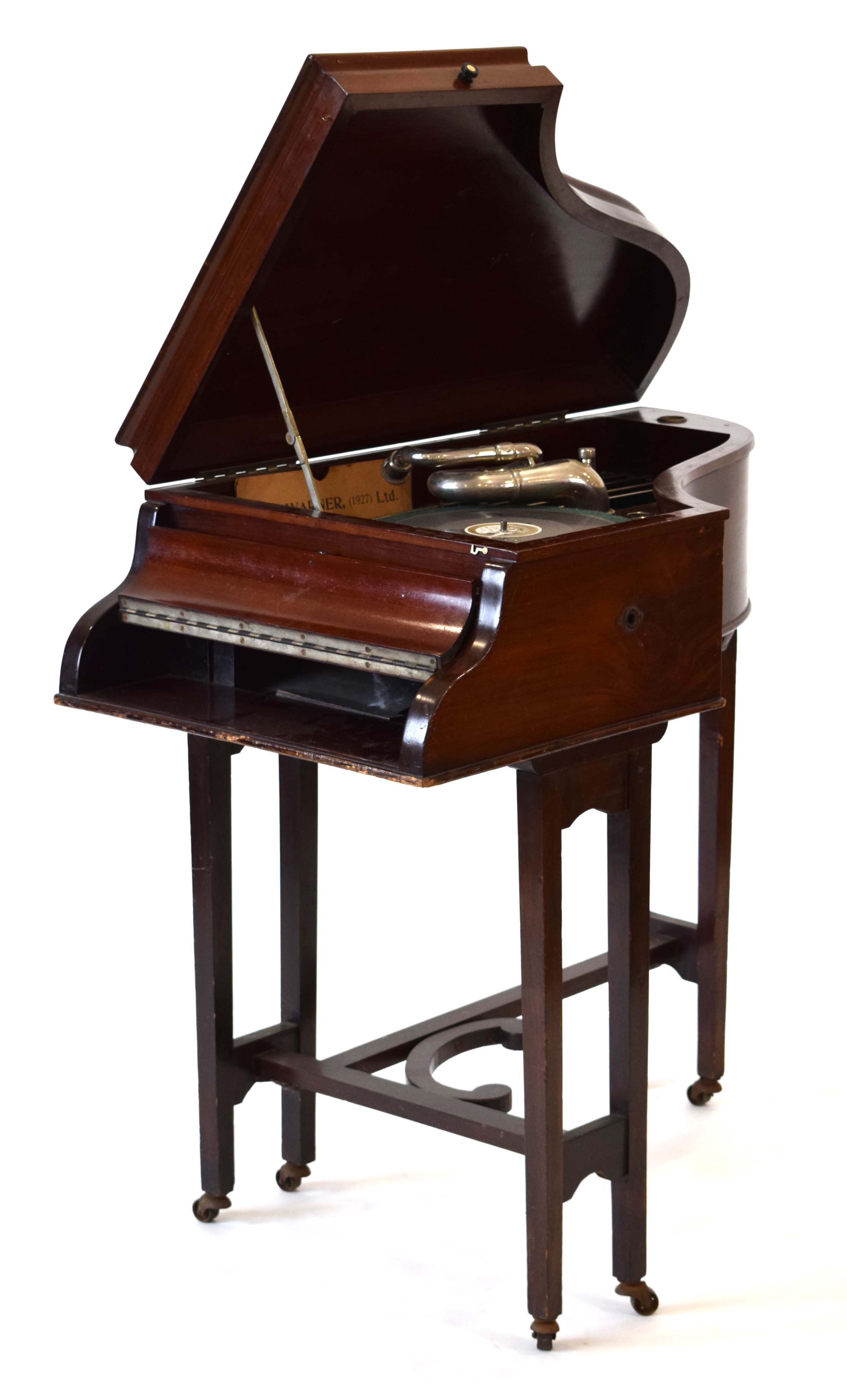 A 1920's Gilbert of Sheffield gramophone housed in a mahogany cabinet modelled as a baby grand