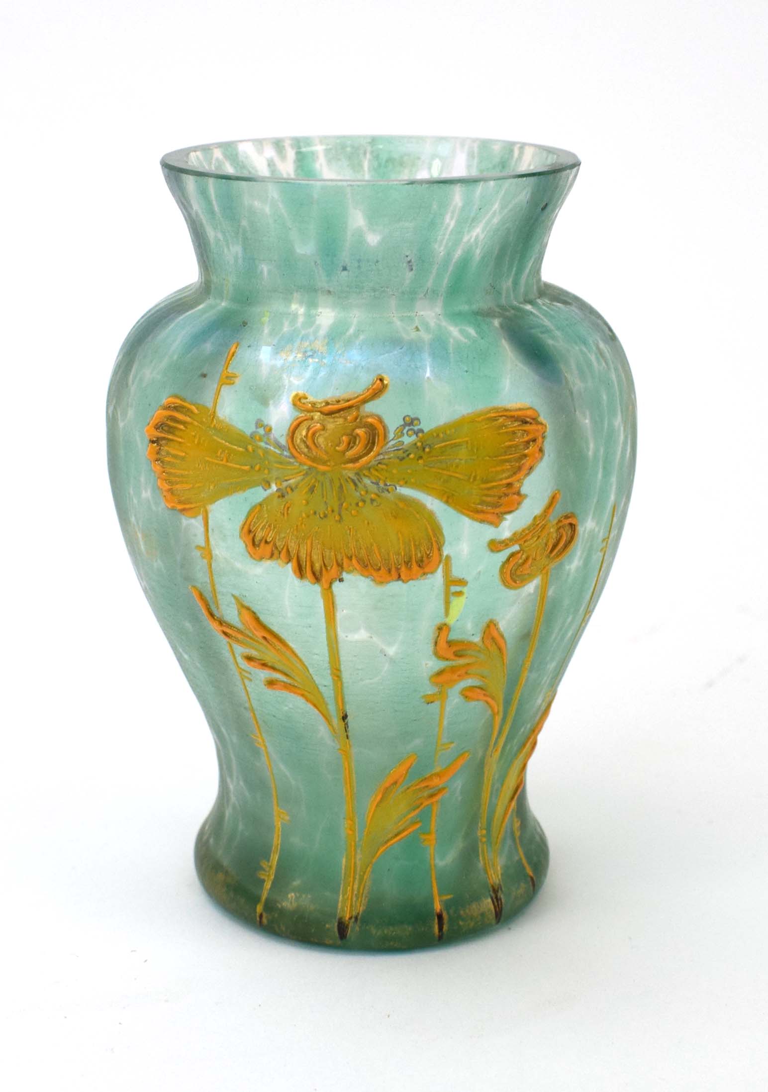 A Loetz type pale green iridescent glass vase of baluster form relief decorated with stylised - Image 2 of 3