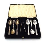 A set of six early 20th century silver teaspoons and a pair of matching sugar nips, maker HA,