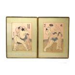After Katsukawa Shunei (Japanese, 1762-1819), 'Nishikigi vs Chachi', coloured woodblock print, 27.