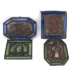 A group of four small stained glass and leaded panels depicting John Bunyan,