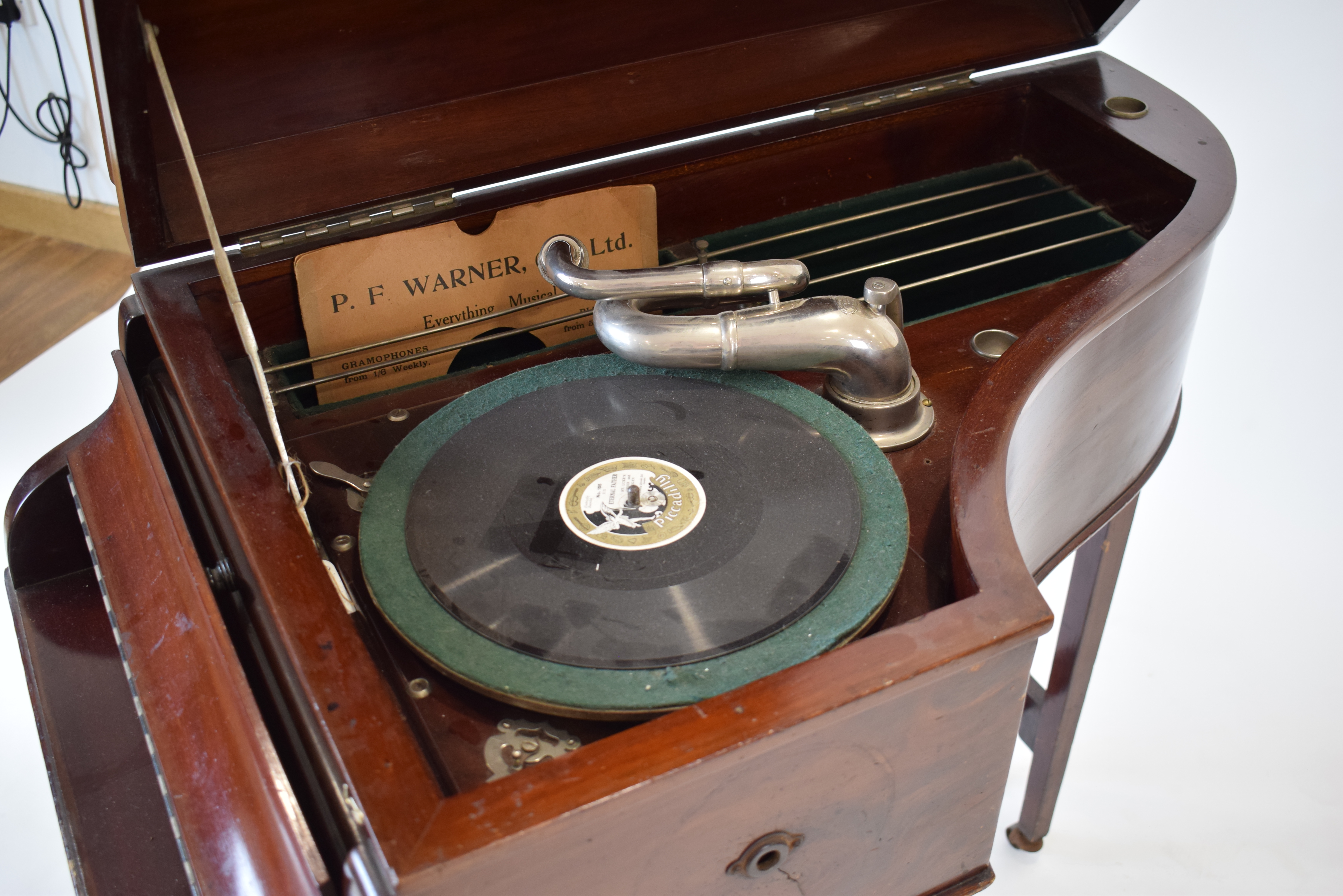 A 1920's Gilbert of Sheffield gramophone housed in a mahogany cabinet modelled as a baby grand - Image 6 of 7