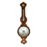 A Victorian banjo barometer, the silvered dial within a flame mahogany case, h.