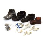 A group of treen, metalwares and porcelain shoes including one with a pin cushion and thimble,