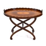 A reproduction mahogany and strung butler's tray on a fixed stand CONDITION REPORT: