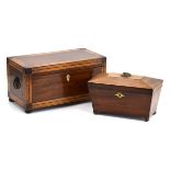 A 19th century mahogany and satinwood crossbanded tea caddy with ring handles,
