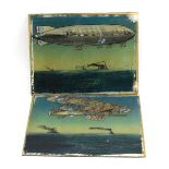 A pair of reverse-painted glass panels depicting the British Airship R34 and the British Aeroplane