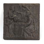 A cast iron fire back relief modelled as the woman of Samaria at the well,