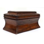 An early 19th century rosewood box of sarcophagus form, with a vacant interior, w.