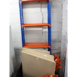 Light duty orange and blue racking incl. associated chip board shelving