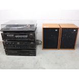 (25) Technics audio system stack with pair of wooden cased Wharfdale speakers